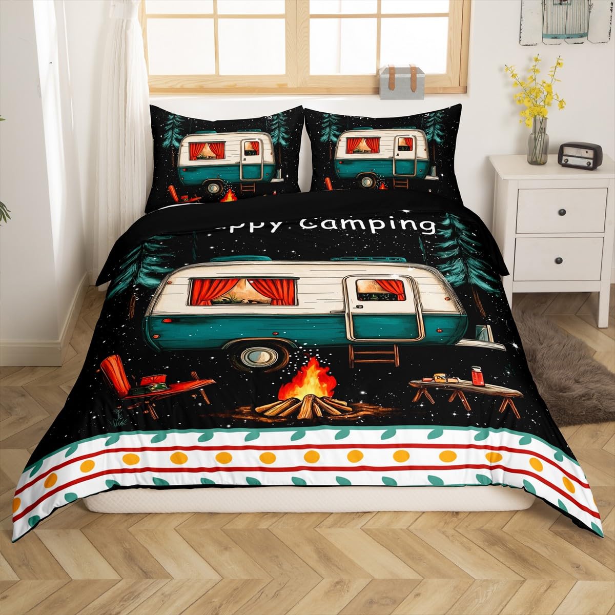 

Camper Theme Duvet Cover Set for Teens Adults Kids Queen Size Quilt Cover with 2 Pillowcase Bonfire Evening Bedding Set 3 Pieces (135x200cm)