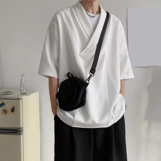 Men Summer Shirt V Neck Loose Baggy Solid Color Soft Hip Hop Half Sleeves Soft Breathable Casual Pullover Streetwear Hair Stylist Top