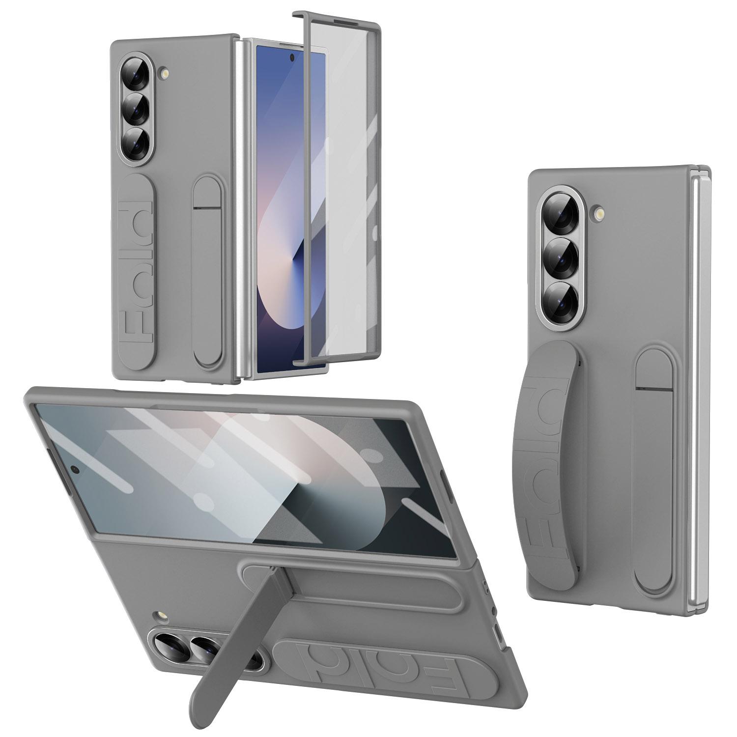 

Чехол для Samsung Galaxy Z Fold6 5G с подставкой и ремешком на запястье, ПК-накладка для телефона с пленкой из закаленного стекла Grey