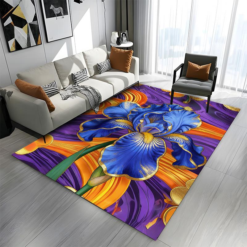 Blue Iris Blossom On Vibrant Purple Background Patterned Carpet a Non Slip Rug Suitable for All Seasons and Any Setting, Gift
