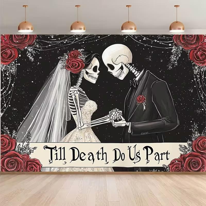 2D Gothic Skeleton Bride Groom Till Death Do Us Part Wedding Backdrop Red Rose Halloween Wall Tapestry 47.2x31.5inch/120*80cm