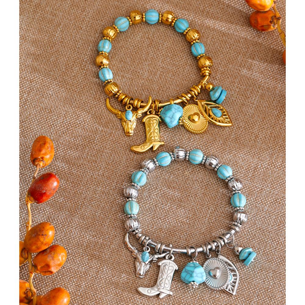 Yhpup 2026 Stainless Steel Handmade Jewelry Turquoise Stone Beads Chain Shoes Heart Leaf Drop Charm Statement Bracelet Bangle
