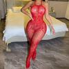 Sexy lingerie, sexy red stockings, seduction suspenders, hollow mesh, open gear one-piece.