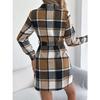 HNXC Autumn and Winter Casual Checkered Fake Pocket Long-sleeved Lace-up Woolen Shirt Dress for Women Dress
