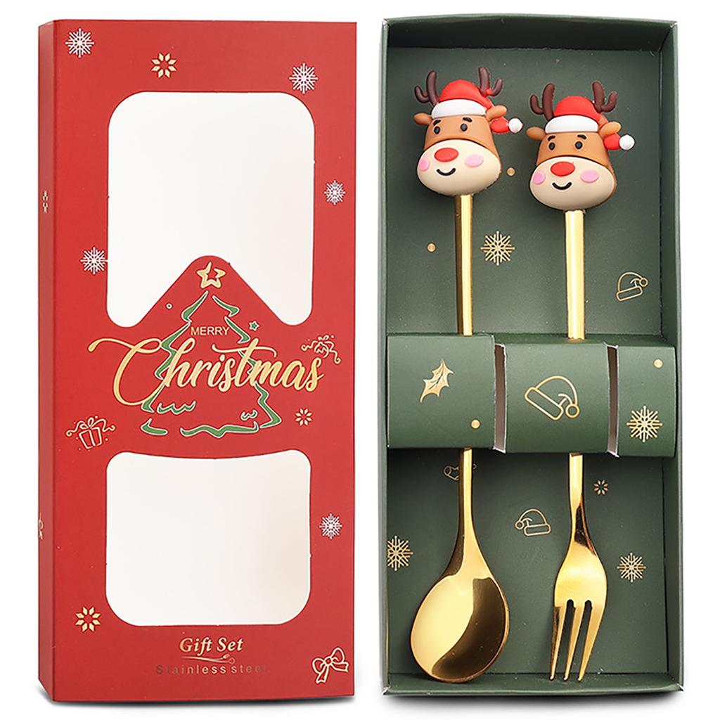 2Pcs Christmas Theme Dinnerware Set with Gift Box Elk Deer Christmas Hat Tree Fork Spoon Cutlery Set Stainless Steel Tableware