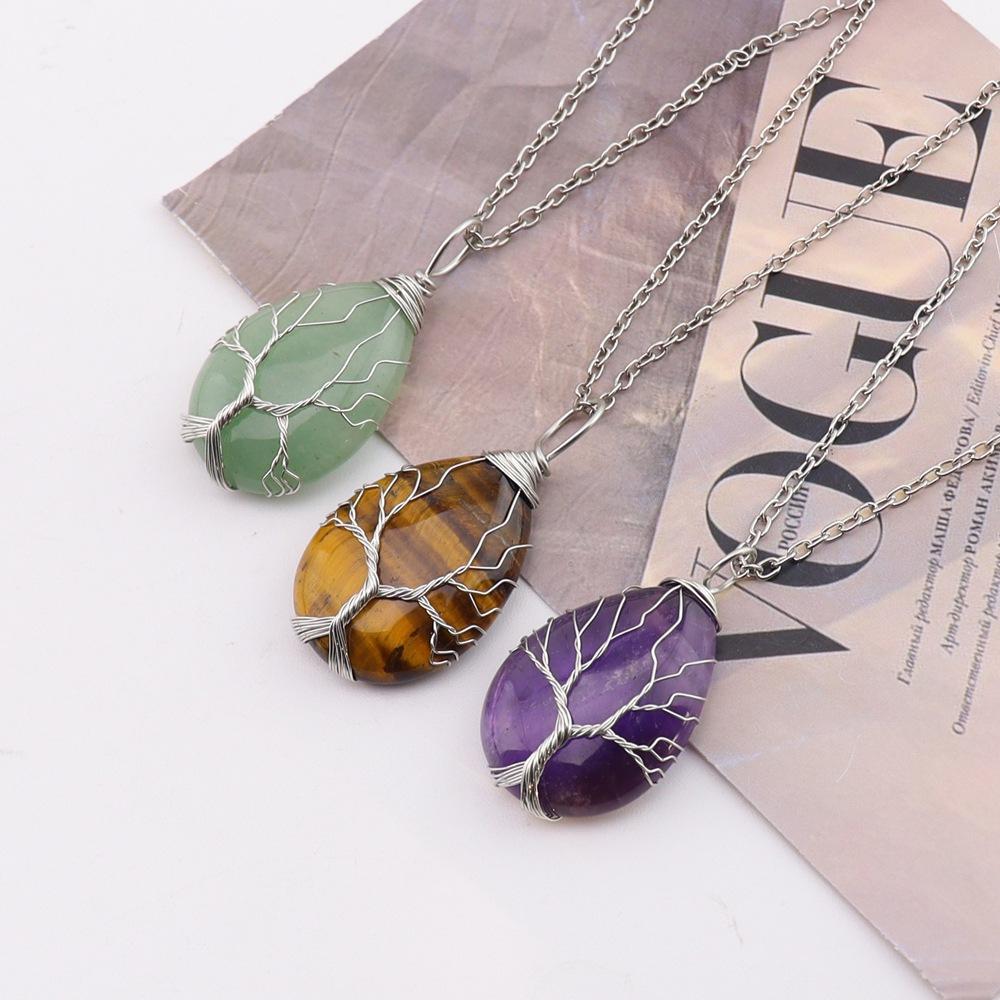 Natural Stone Crystal Agate Water Drop Winding Silk Tree Of Life Pendant Necklace Sweater Chain Water Drop Rough Stone N779