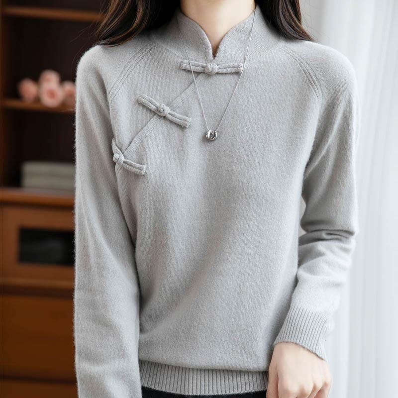 100% Australian Wool Retro Chinese Style Frog Button Sweater - Women's Thick Wool Base Layer for Autumn/Winter 2025.