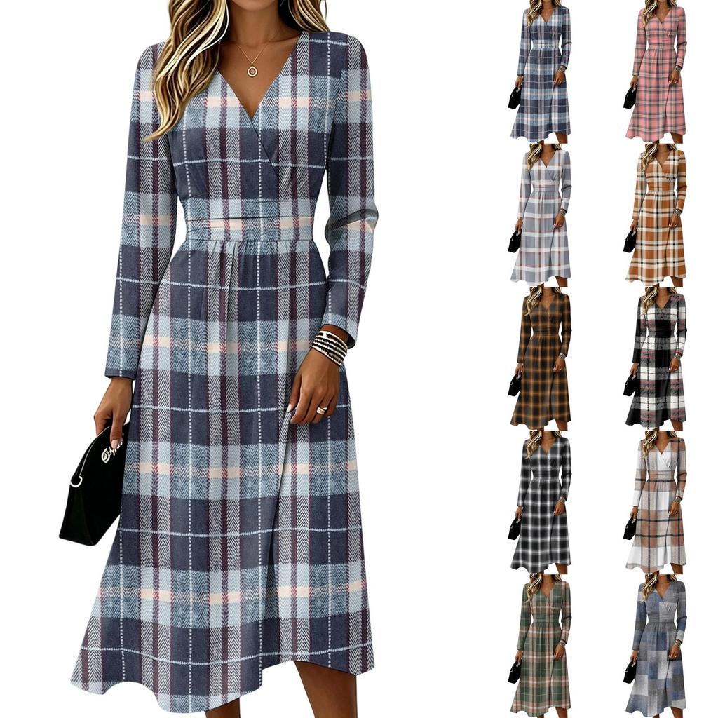 Women's Plaid Print Long Sleeve V-Neck Dress with Pockets for Casual Wear