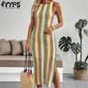 Women's Fashion Summer Spring Colour Block Print Sleeveless O-Neck High Waist Casual Dresses