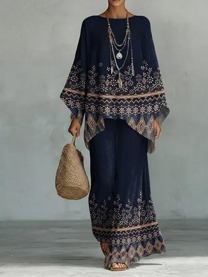 Clothing 1116 Summer New Two-piece Set 1D Printed Bat Sleeve Top Wide Leg Pants Fashion Versatile Suit Women