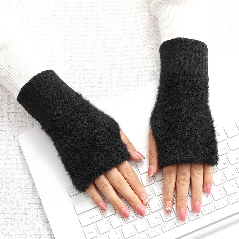 New Solid Color Winter Half Finger Gloves Women Girls Mink Fleece Plush Knitted Soft Finger-less Gloves Wrist Mittens Writing