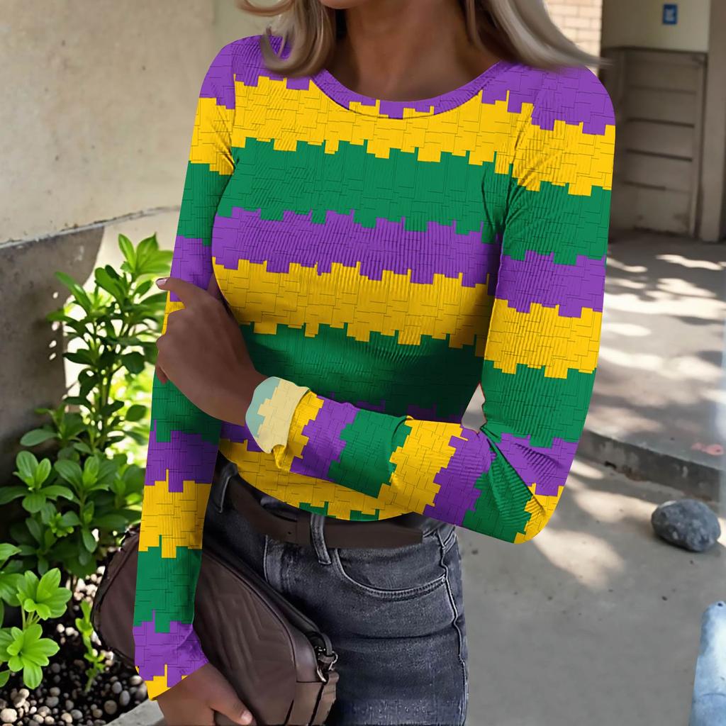 Women's  Slim Bottom T-shirt Fashion Casual Gradient Printing Round Neck Pullover Long Sleeve Top