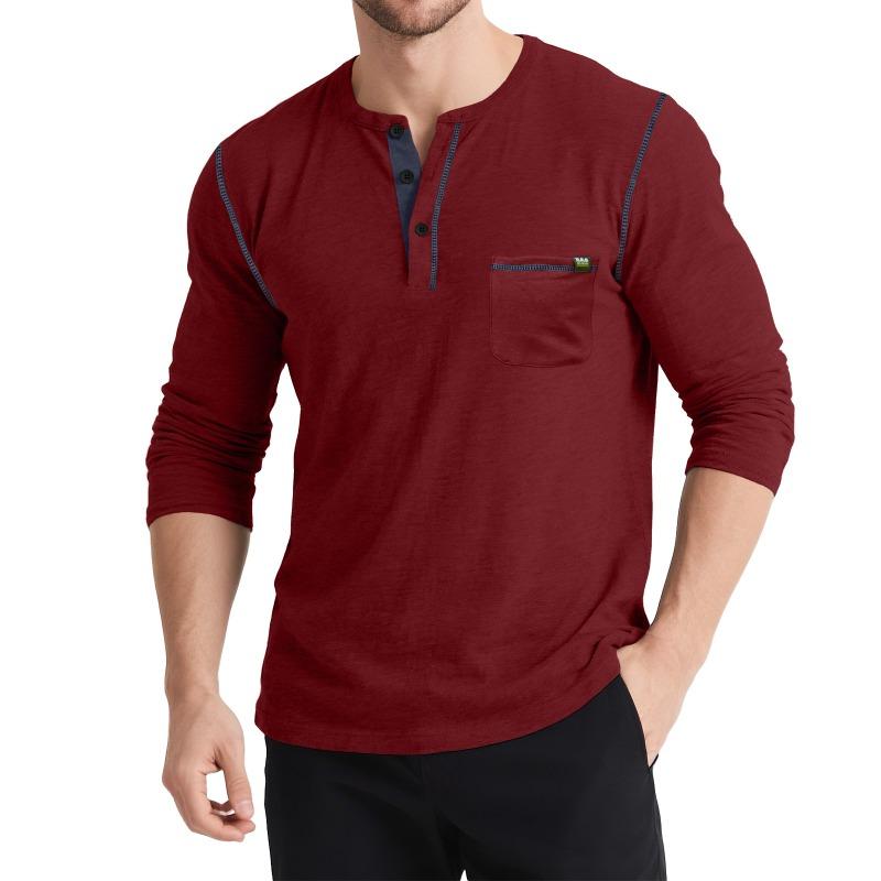 Men's Autumn and Winter Long-sleeved Henley Retro T-shirt Three-button Pocket Top