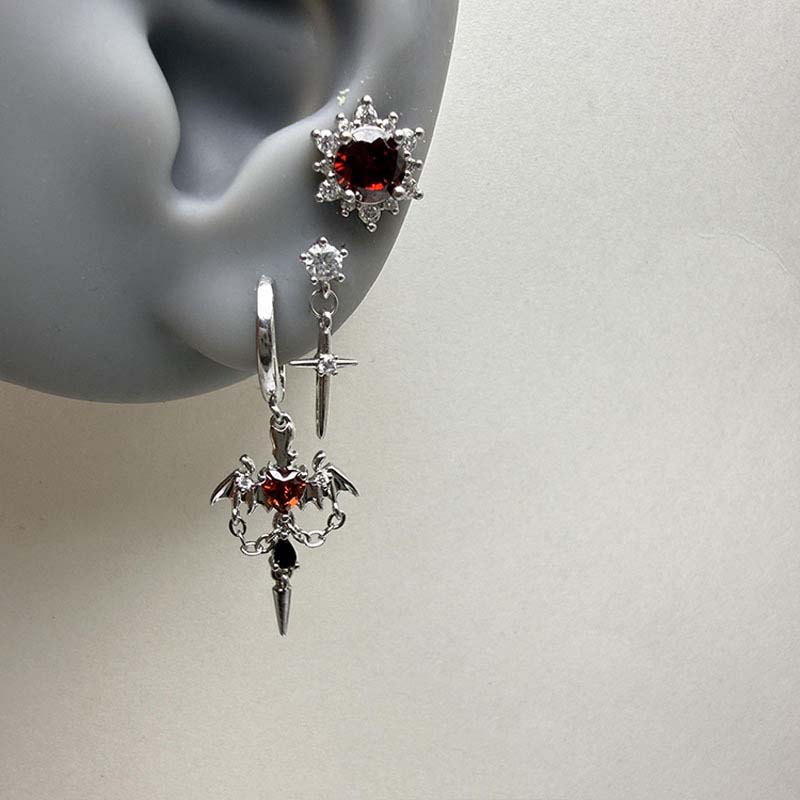 Punk Red Zircon Heart Wings Drop Earrings for Women Men Sweet Cool Metal Crystal Cross Piercing Earrings Y2K Jewelry Accessories