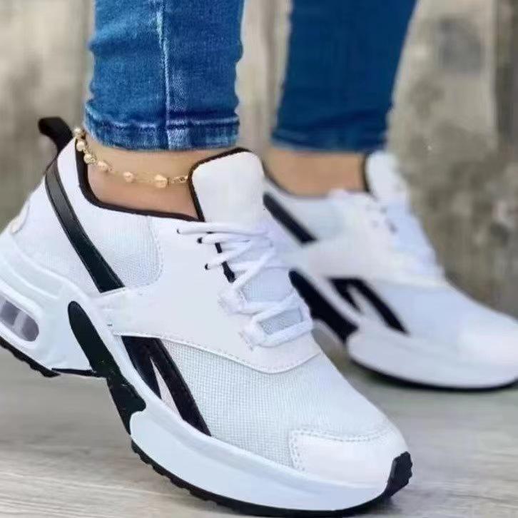 Plus Size Women's Low-Top Mid-Heel Mesh Casual Sneakers with Round Toe and Lace-Up Design - European and American Style