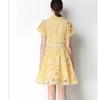 Elegant Lace Embroidery Hollow-out Mini Dress for Women Lapel High Waist A-Line Short Sleeve Single Belt Short Dress Summer
