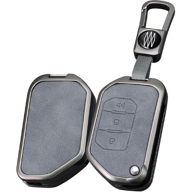 SANRILY Gray Metal Leather 3 Button Flip Key Fob Cover Fit for Jeep Wrangler JL JLU Gladiator JT Rubicon Sahara JLU 2018-2022 Keyless Key Holder with