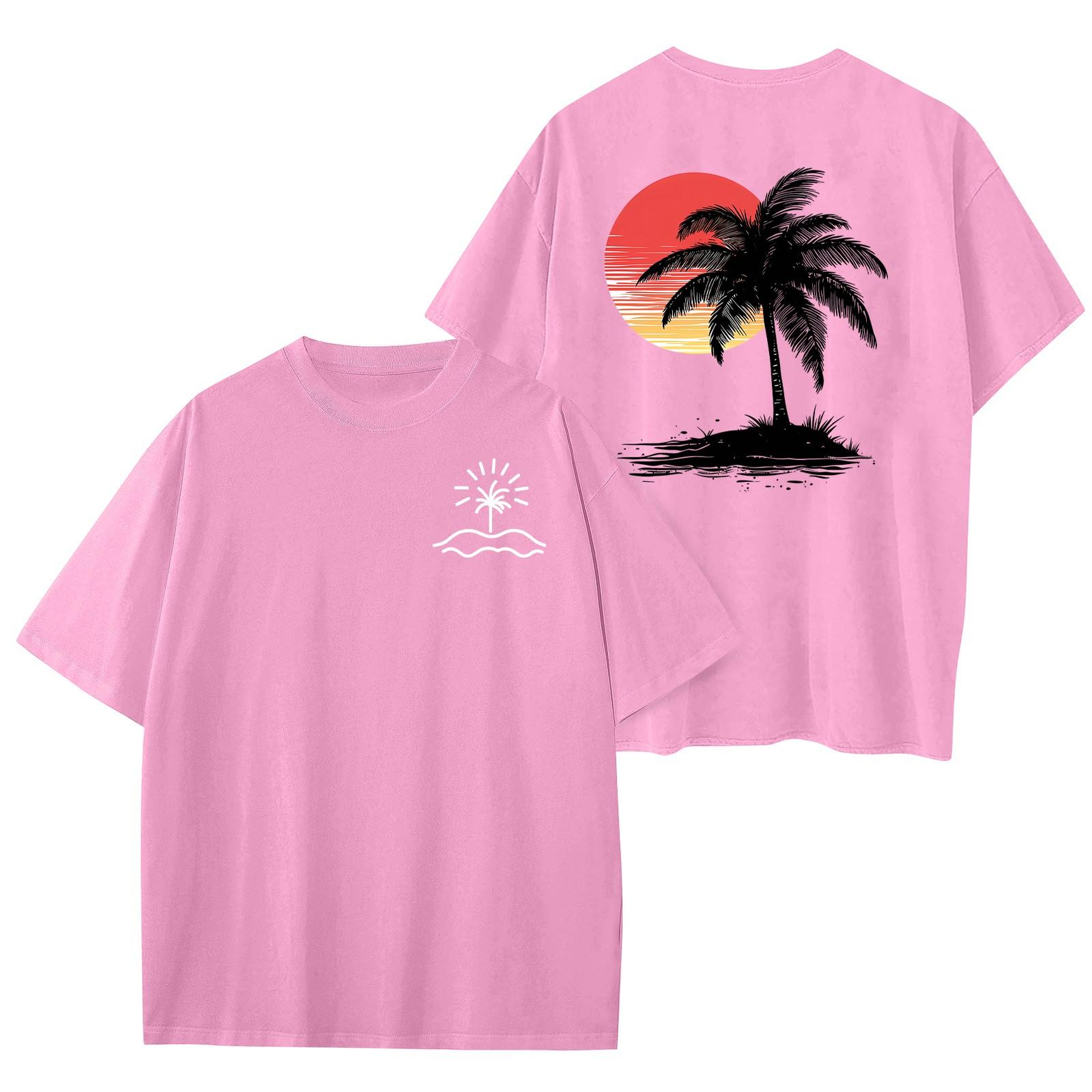 

Женский круглый вырез модный свободный гавайский принт короткие рукава XL розовый