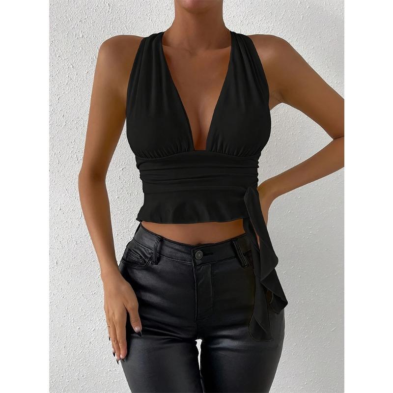 

2025 new sexy hot girl deep V waist slimming design halter suspender top XL чёрный