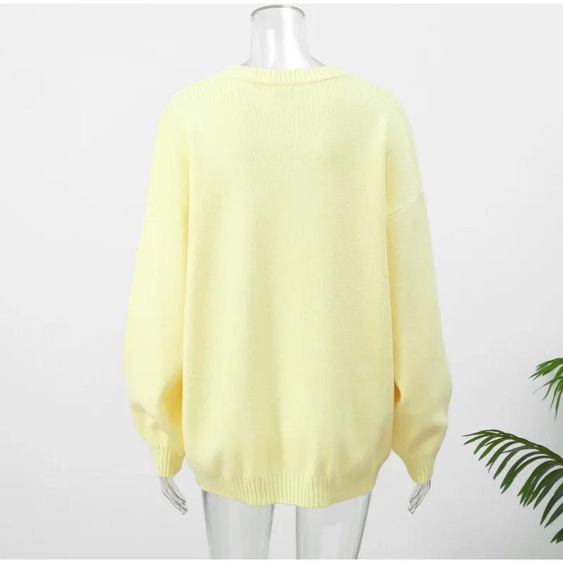 VAYLA Yellow Knitted Letter Sweater Women Elegant Round Neck Long Sleeve Short Pullover Casual Lady New Street Sweaters
