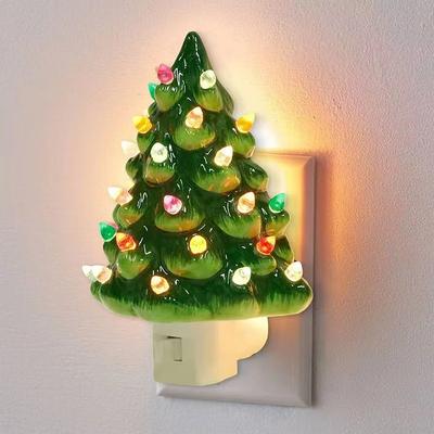 Luz Nocturna de Árbol de Navidad Vintage Pintada a Mano, Decoración LED de Enchufe de Pared