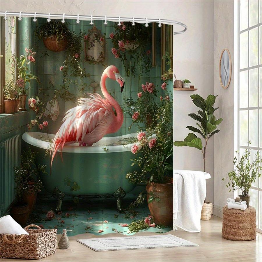 Pink Flamingo In Bathtub Shower Curtain Waterproof Moisture Proof Privacy Protection Print Boho Garden Design Hooks Included