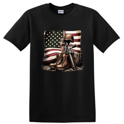 Military Tribute T Shirt American Flag Combat Boots Helmet Gun Tee