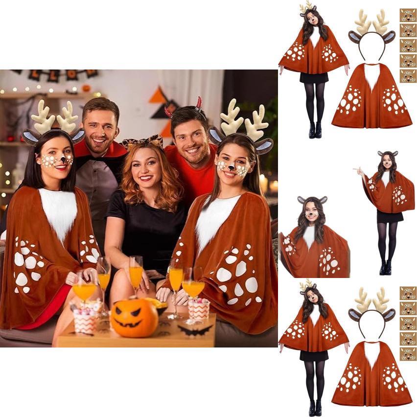 Christmas Cosplay Reindeer Cape With Face Sticker And Headband For Holiday Parties