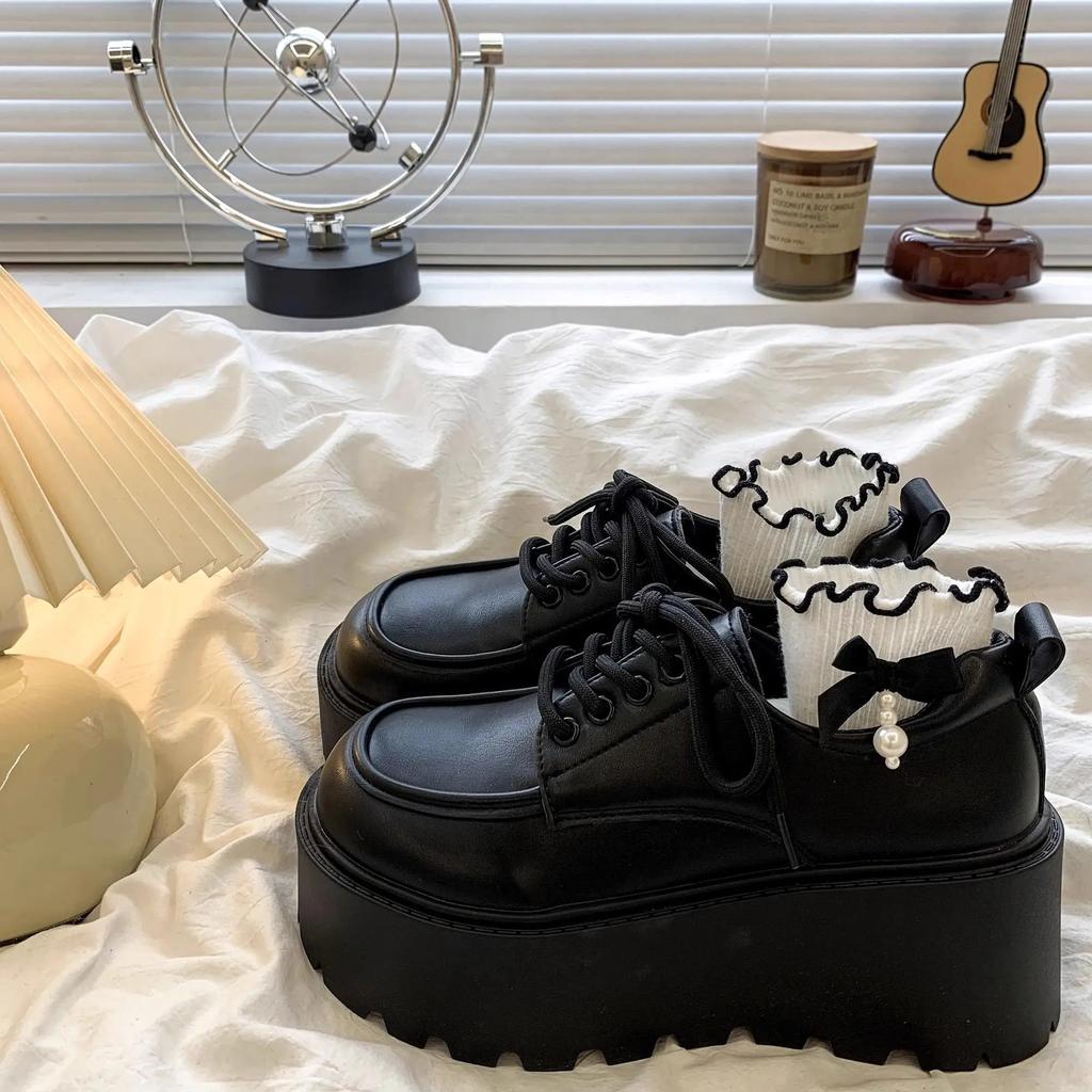 High platform loafers women's laced up chunky flats ladies faux leather shoes waterproof woman thick sole loafers female flats