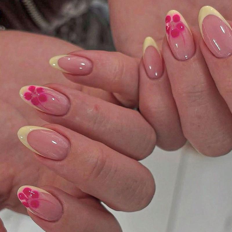 Classic Yellow French Red Floral Almond Shaped Wearable False Nails