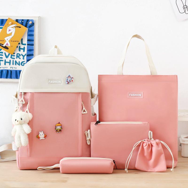 

Школьный рюкзак новый холщовый кампусный рюкзак набор из пяти предметов простой и универсальный школьный рюкзак для средней школы многофункциональный повседневный рюкзак для девочек розовый