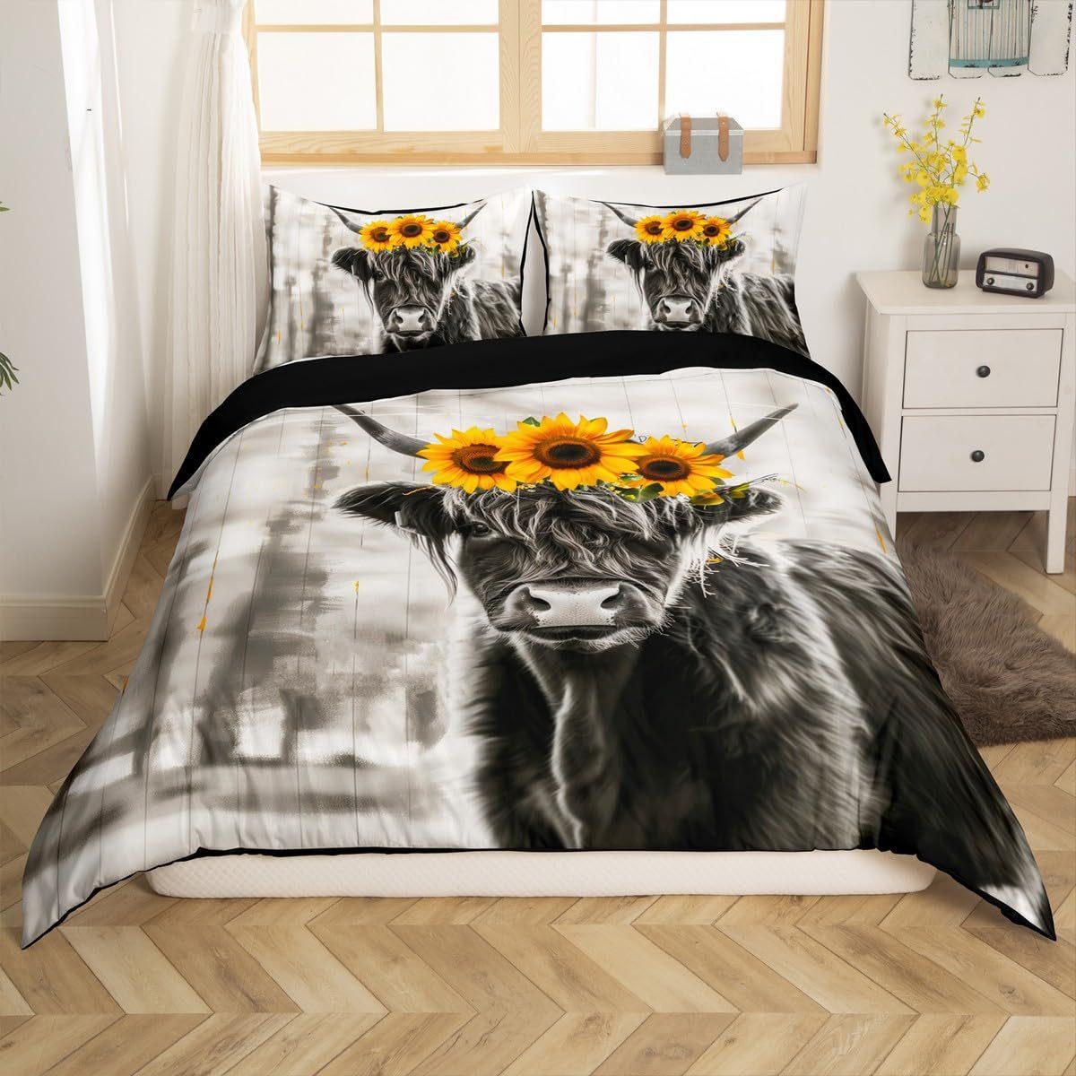 

Highland Cow Digital Printing Quilt Cover Bedding Set Quilt Cover European And American Animal Three-Piece Set AU Queen 210*210