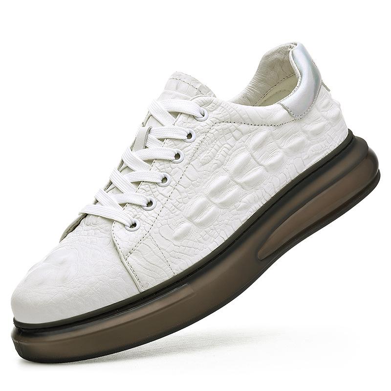 European Men s White Lace-up Shoes: Embossed Cowhide Crocodile Pattern, Comfortable, Versatile Thick Sole, Trendy Casual Design. 40