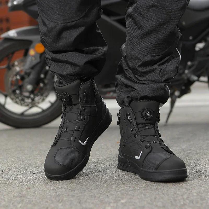 Motocross Biker Chopper Cruiser Touring Ankle Boots Men Motorcycle Microfiber Leather Ankle Boots Street Motorbike Racing Shoes