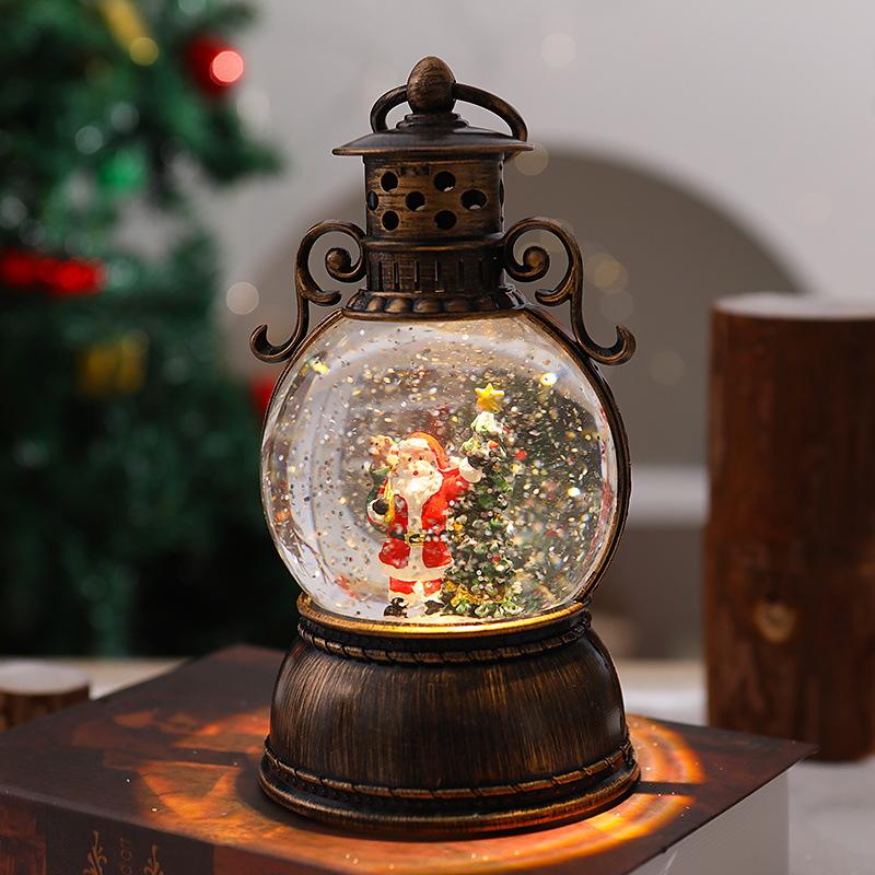 Christmas glowing music box with falling snowflakes, crystal ball, retro scene decoration, portable lantern, Santa Claus ornaments