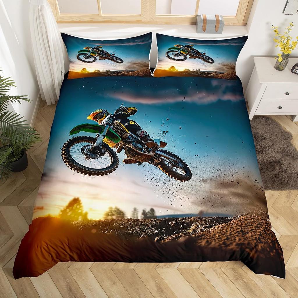 Dirt Bike Dynetrekk Twin Motocross Rider Dynetrekk Extreme Sports Sengesett Kult Motorsykkel Sengesett for Gutter Voksne