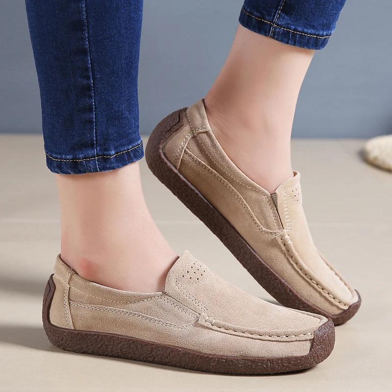 New Spring Autumn Women Moccasins Suede Leather Flats Square Toe Comfortable Slip-On Shoes Fall Casual Apricot Loafers Lady