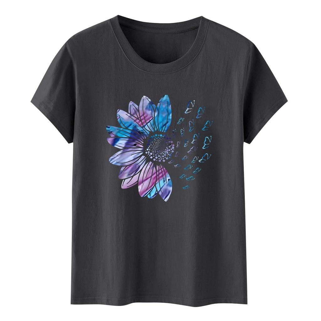 Women's Casual Floral Print Short Sleeved T-shirt With Round Neck Top