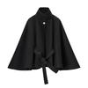 Women Wool Blend Cape Jacket With Metal Buckle Belt