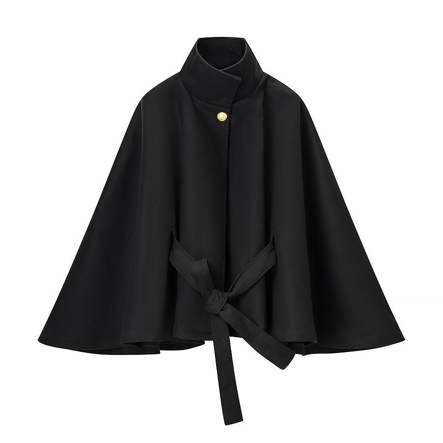 Women Wool Blend Cape Jacket With Metal Buckle Belt