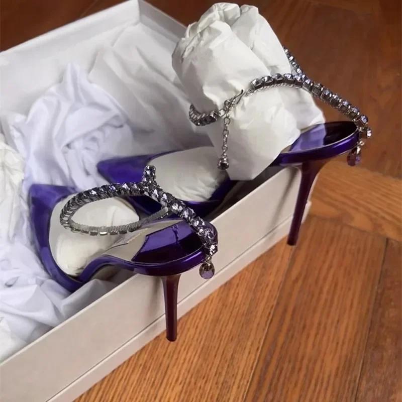 New Sexy Purple Charm High Heels Women's Stiletto Pointed Toe One Line Chain Rhinestone Hot Girl Baotou Sandals