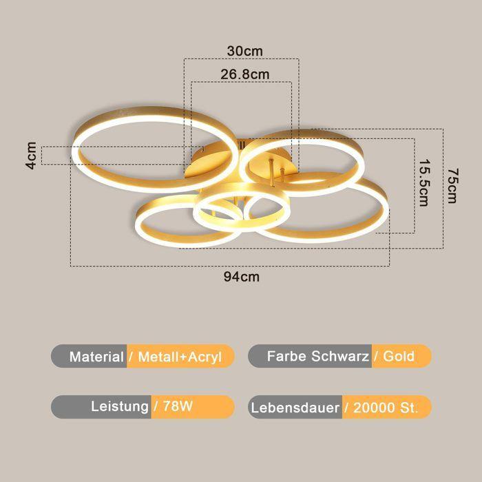 Ceiling Light - NETTLIFE - LED 5 Rings 78W - Dimmable IR Remote Control - 3000–6500K Adjustable - 7200 Lm 94×75 Cm