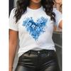 European Size Women'S White T-Shirt with Vibrant Blue Floral Heart Print - Short Sleeve, Round Neck, Casual Summer Top