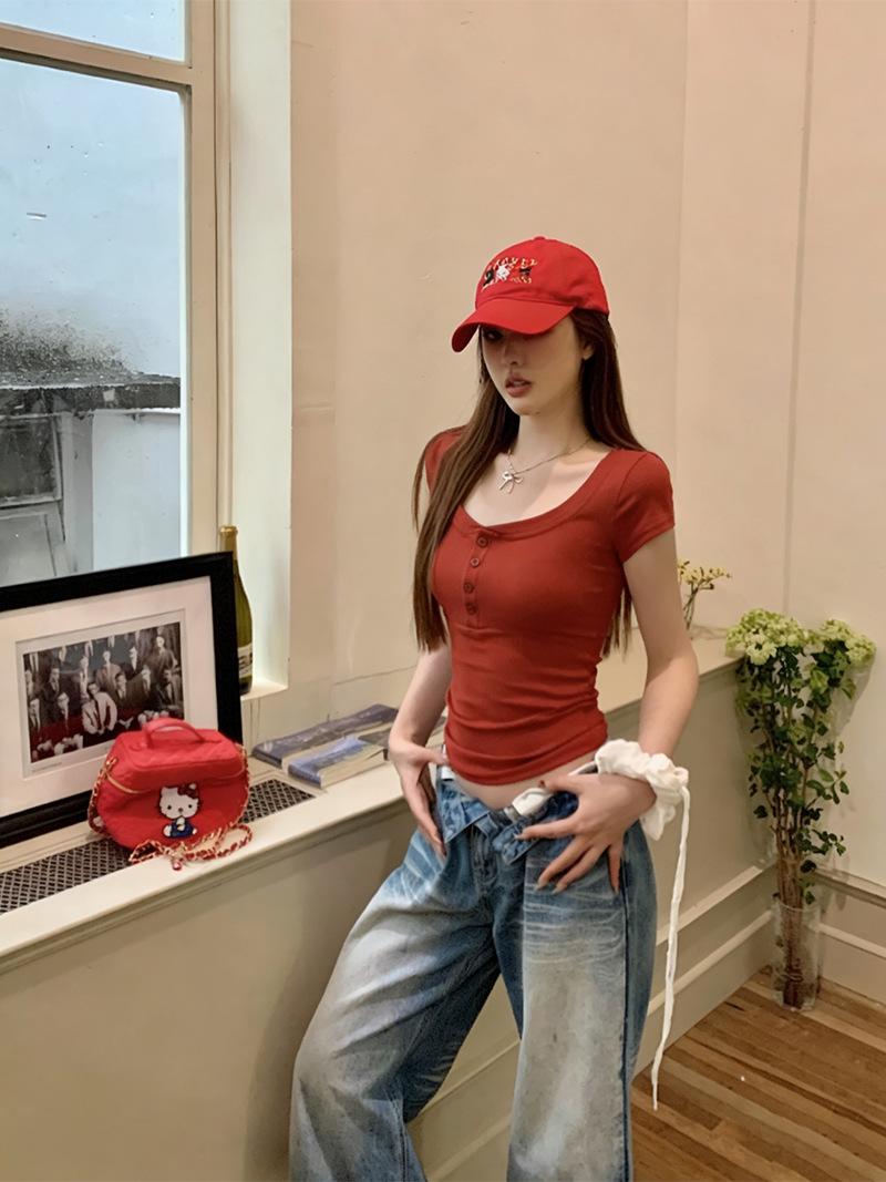 Women Red Scoop Neck Henley Button Short Sleeve T-Shirt, Slim Fit Ribbed Knit Crop Top Y2K Casual Tee S красный