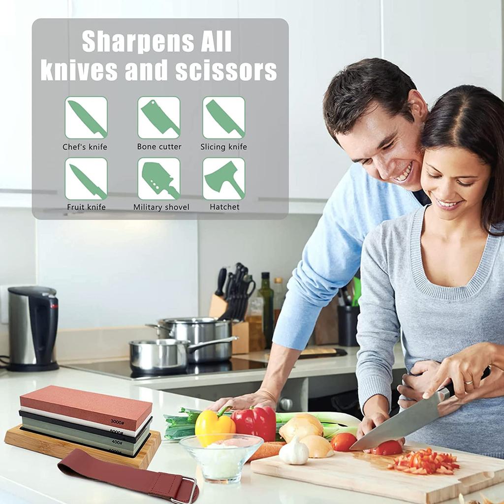 9PCS Knife Sharpening Kit, 4 Side Grit Professional Sharpening Stone Whetstone-400/1000 3000/8000 Grit, Flattening Stone, Angle Guide, Leather Strop