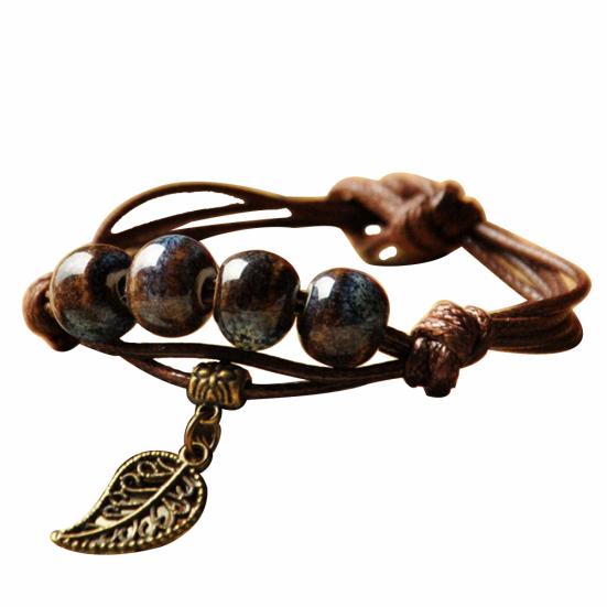 Ethnic Leaf Cat Charm Ceramics Beaded Bracelet Women Handwoven Jewelry Gift