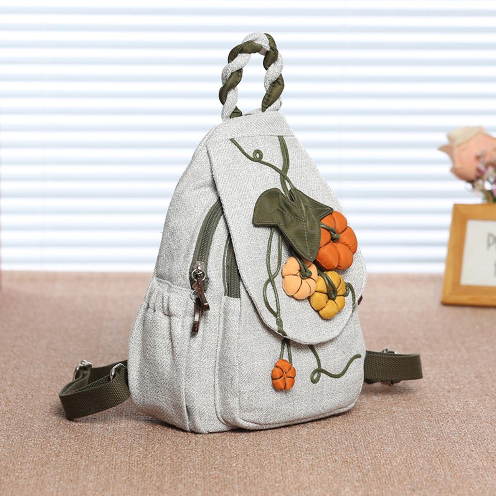 National Style Canvas Women Backpack With Hand Stitching, Literary Fresh Mini Chest Bag, Portable Small Rucksack For Travel Outdoor Daily Casual Use