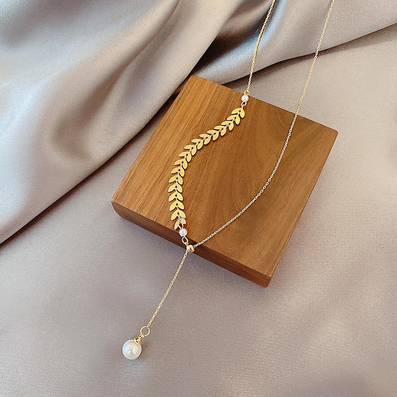Simple Wheat Ear Pearl Bracelet Necklace Earrings Jewelry Set For Women Temperament Lucky Gold Color Bracelet Charm Jewelry