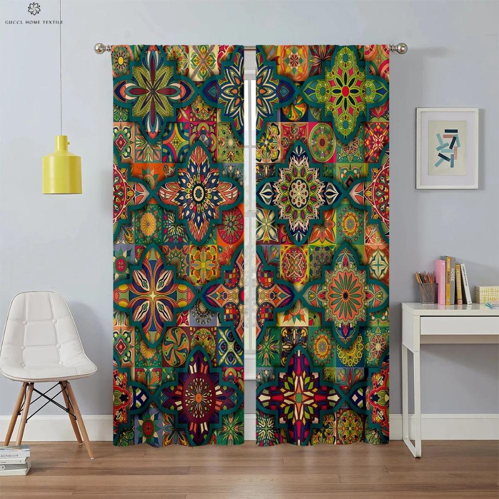 Bohemian Window Drapes with Colorful Pattern, Printed Curtain, Rod Pocket, Bedroom, Living Room, Study, Kitchen, 2 Pieces