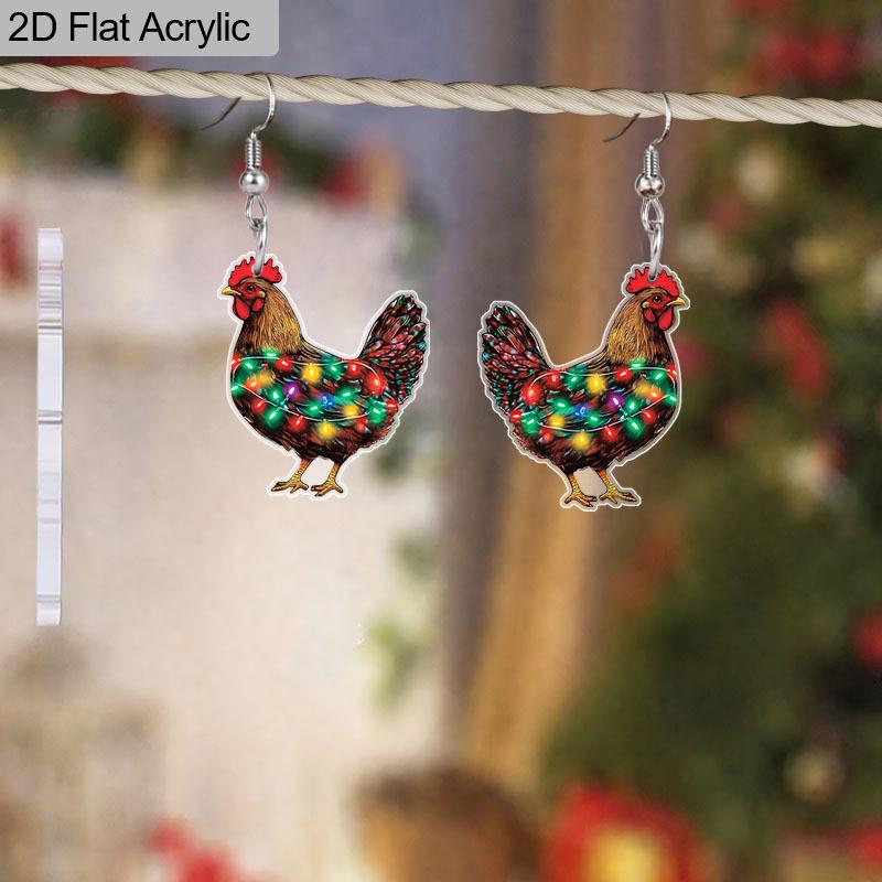 2D Flat 1Pair Christmas Festival Colorful String Hen Pattern Earring Christmas Jewelry for Women Female